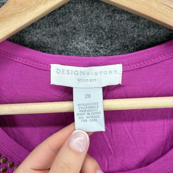 Design History T-Shirt Women 2X Plus Purple Short Sleeve Rhinestone Casual - Picture 3 of 6